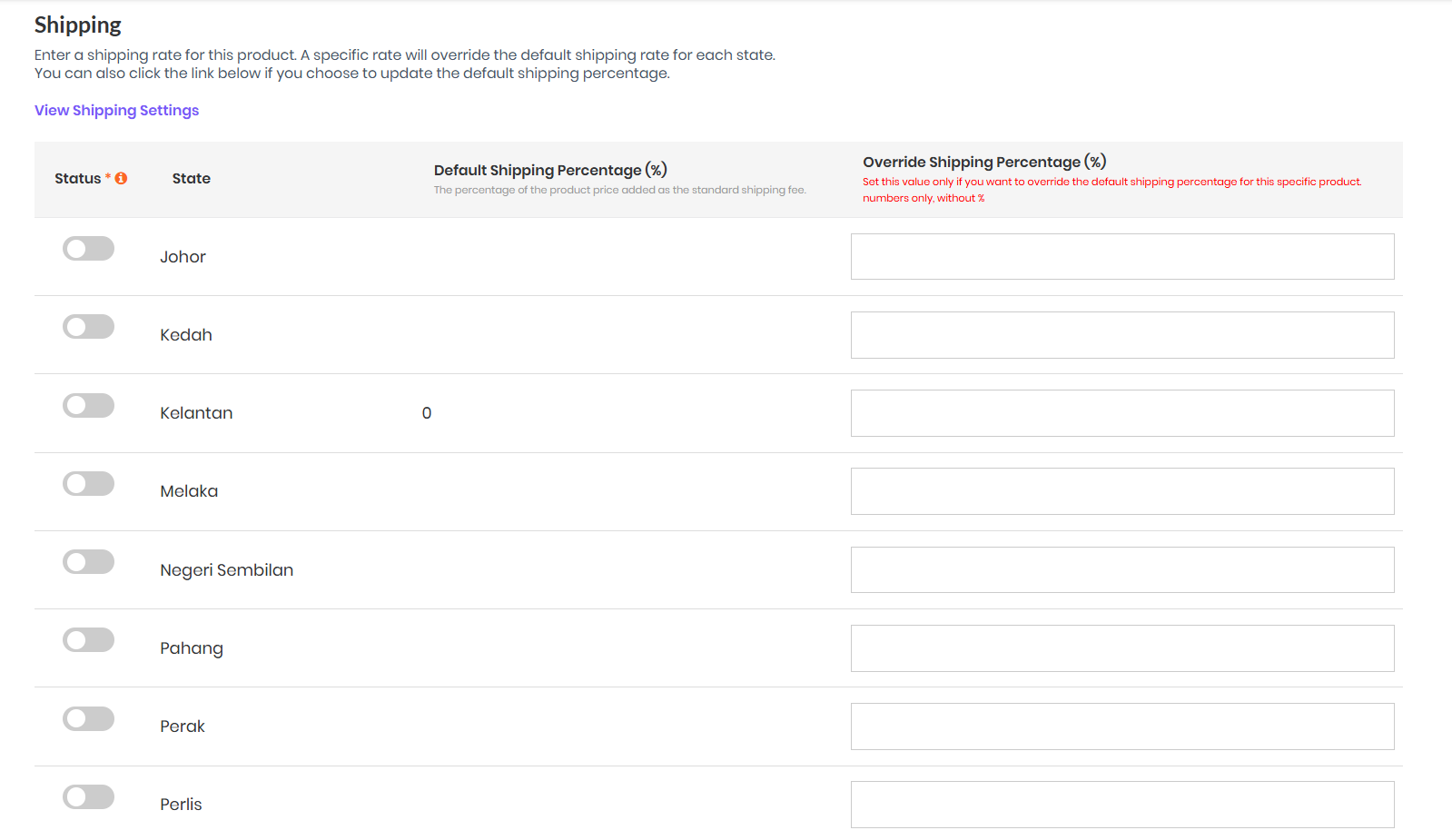 Shipping fee screen
