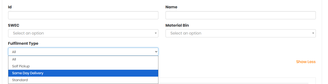 Expanded search with the Fulfillment Type dropdown open showing Self Pickup, Same Day Delivery and Standard