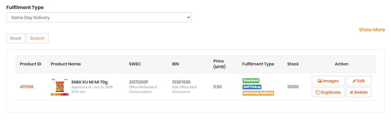 Filtered product results showing Standard, Self Pickup and Same Day Delivery tags under the Fulfillment Type column