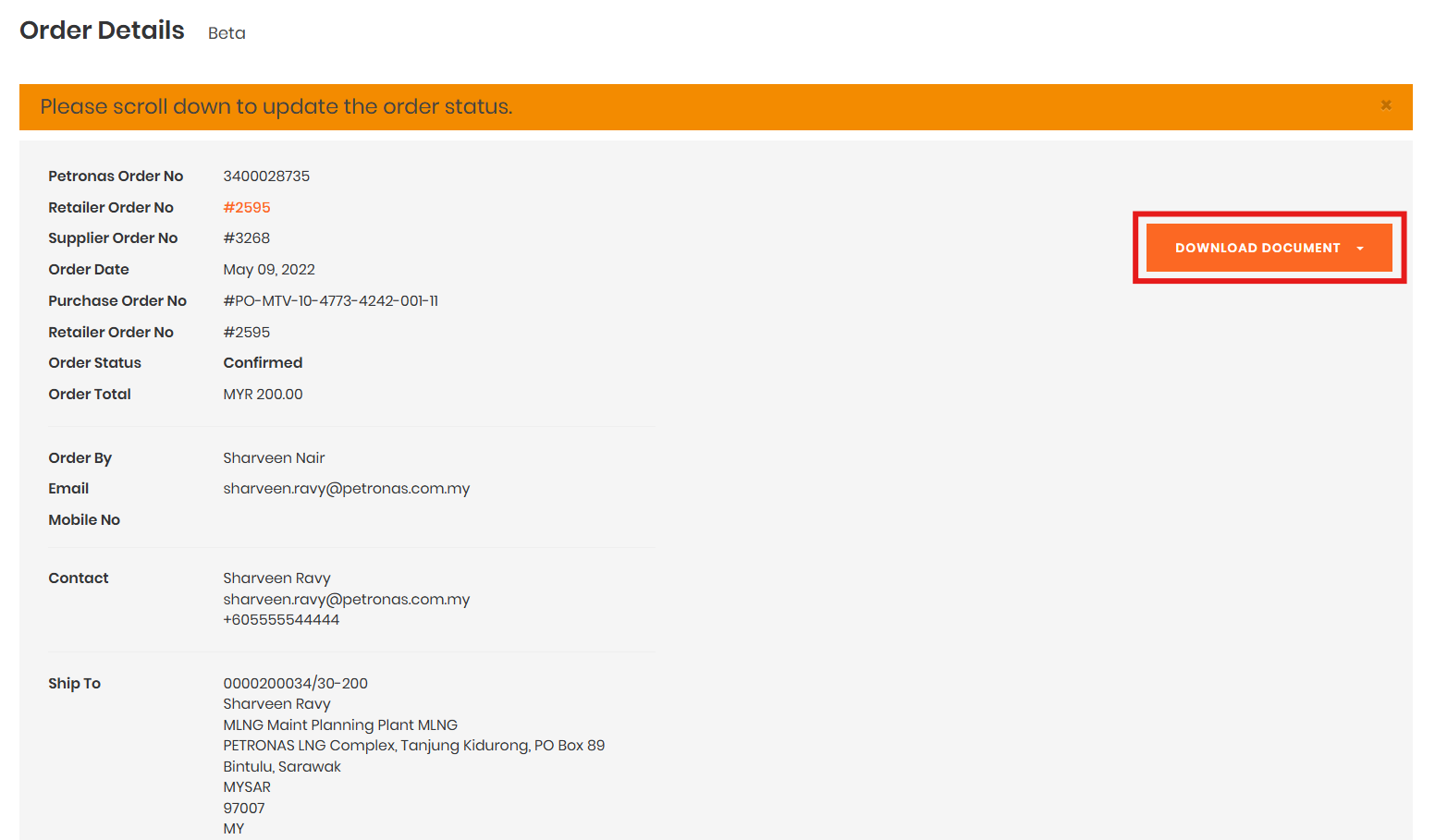 Order details and PO download screen