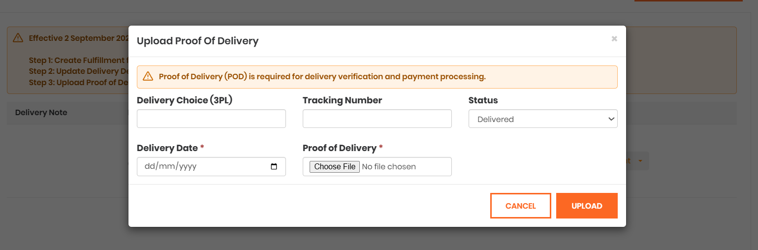 Upload POD screen